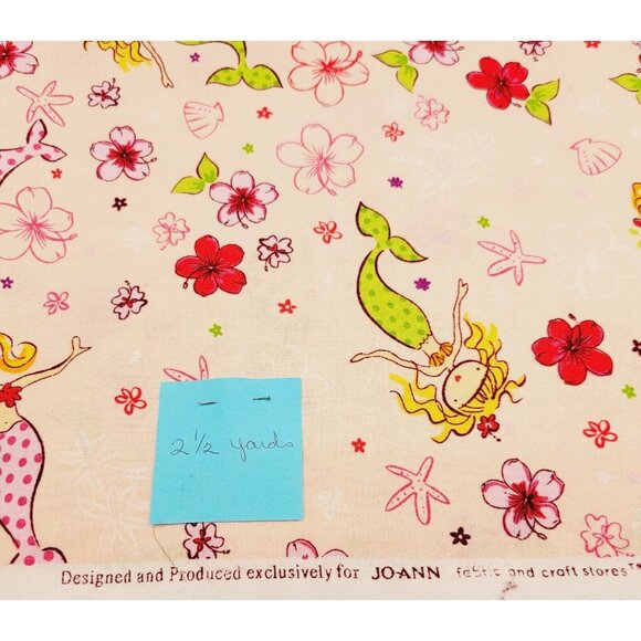 Mermaids Starfish Hibiscus Flowers Cotton Fabric Quilting Sewing 2 1/2 Yards - Picture 3 of 3